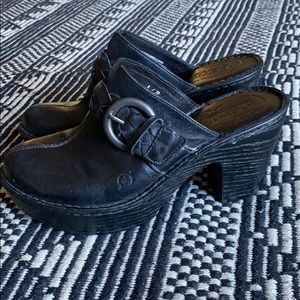 Born Black Leather Platform Clogs with Buckle